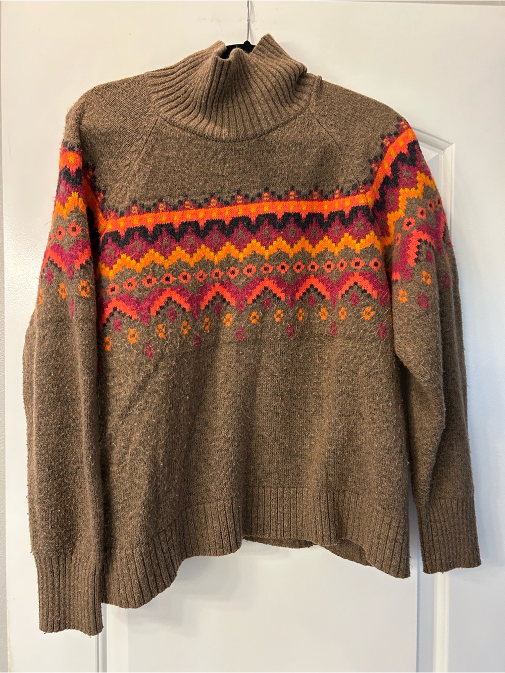 Lou & Grey Brown Turtleneck Sweater with Pink and Orange Fair Isle Yoke